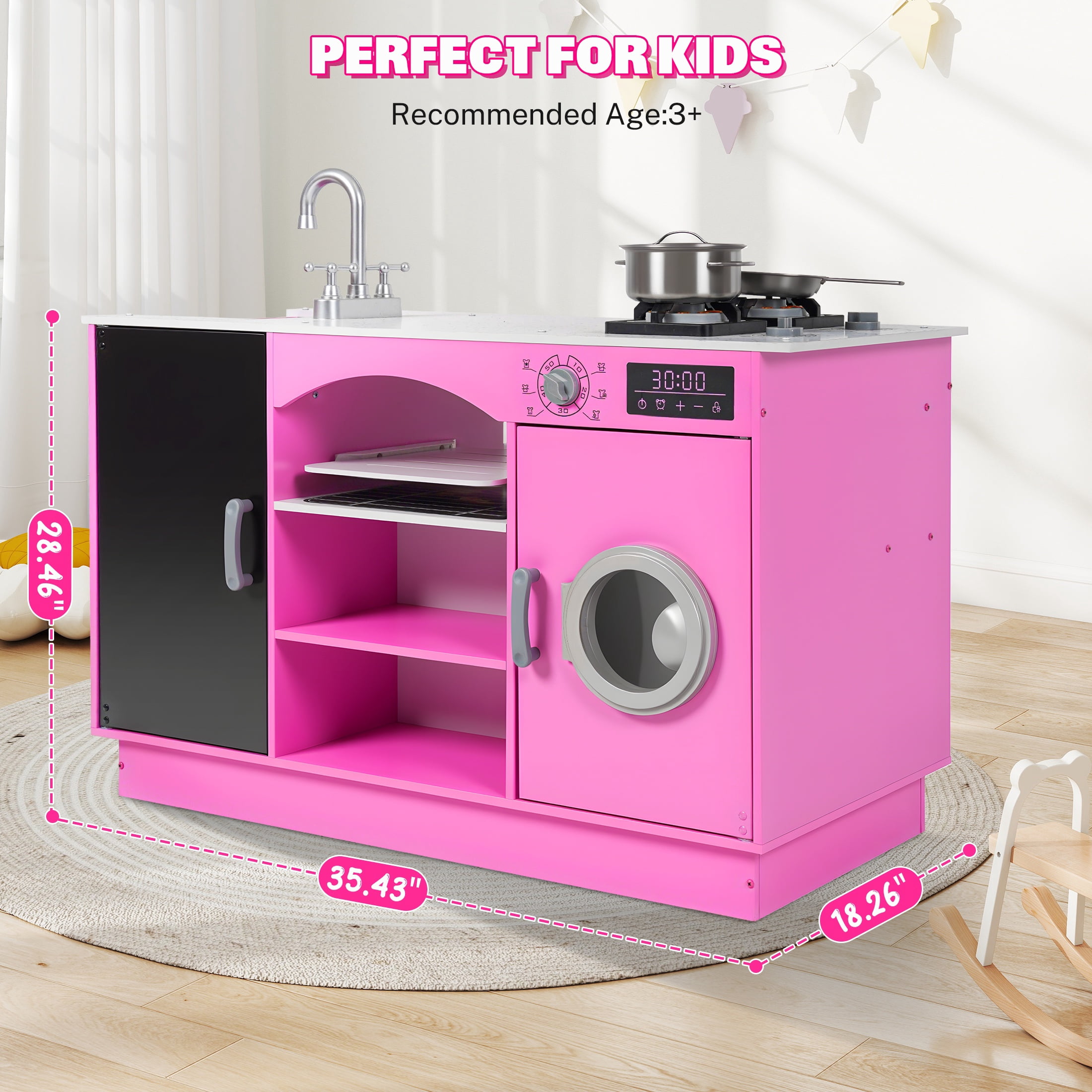 iYofe Play Kitchen Sets for Kids Ages 2+, Wood Kids Kitchen Playset for Toddlers with Real Lights & Sounds, Pretend Play Toys Kitchen with Cookware Accessories, Pink