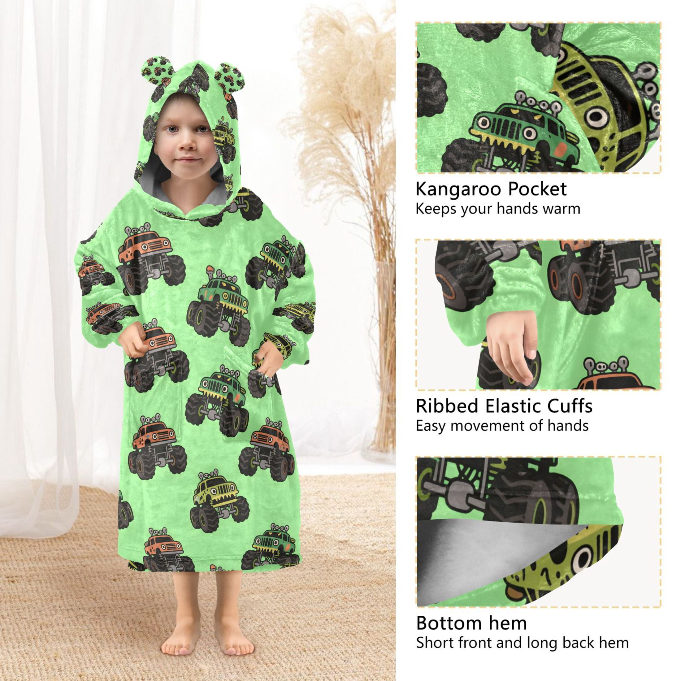 joogoo Blanket Hoodie for Trucks Cartoon Green Oversize Sweatshirt 3-14 YR L