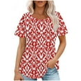 thumbnail image 2 of CFLVAEK Funny Ruched Shirts for Women Casual Red and White Round Neck Blouses Vintage Geometric Pattern Tunics Loose Fit Short Sleeve Shirts, 2 of 5