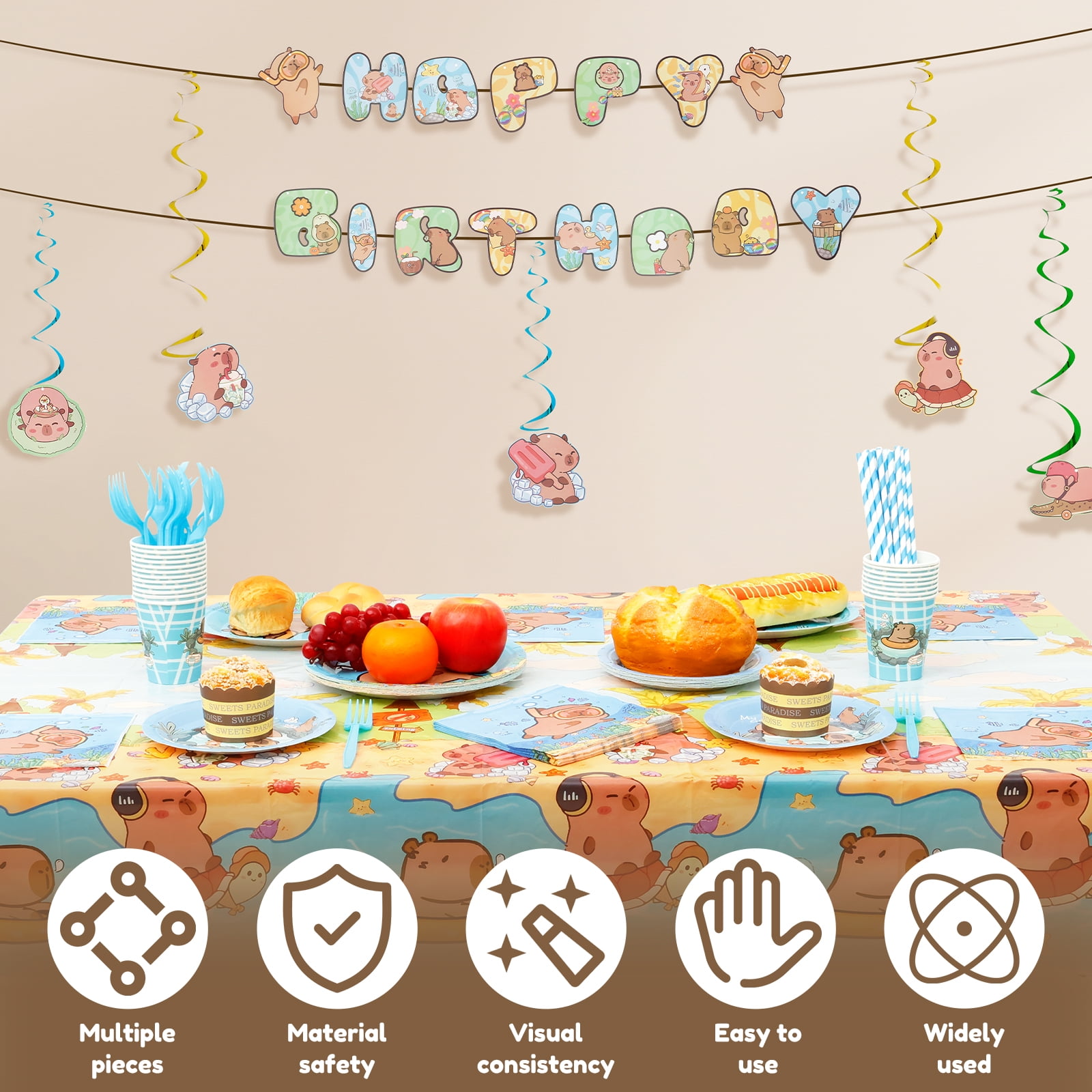 pluokvzr 185pcs Capybara Birthday Decorations Tableware Set Cute Animal Theme Birthday Decor with Banner Balloons Plates for Party Baby Shower