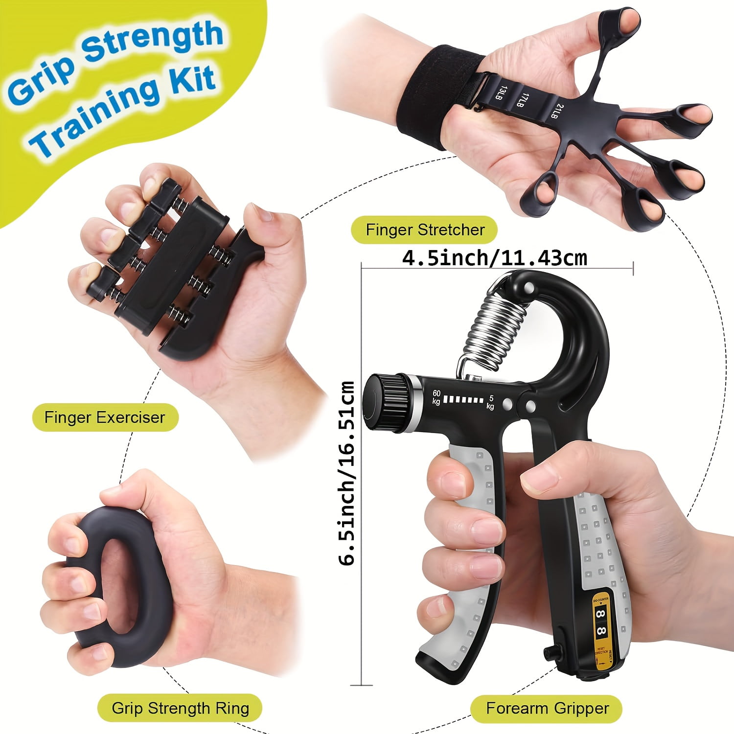 [Grip Strength Trainer] 6 PACK Grip Strength Trainer Kit - Finger Exerciser, Hand Grip Strengthener, Hand Extension Exerciser And Large Size Forearm Workout Ring For Muscle Building