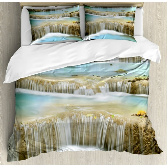 Waterfall Duvet Cover Set, Water Falls into the Lake Through the Rock Stairs in the Forest Art Print, Decorative 3 Piece Bedding Set with 2 Pillow Shams, Queen Size, Blue and Green, by Ambesonne
