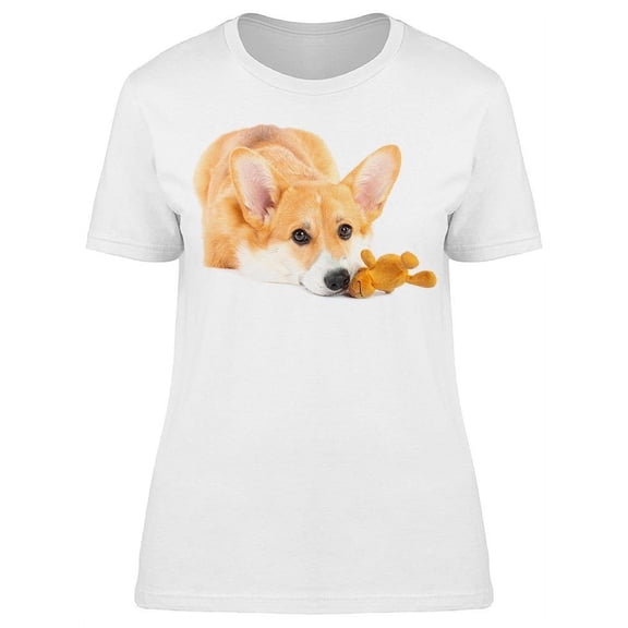 Cute Dog Bitting A Teddy T-Shirt Women -Image by Shutterstock Women T-Shirt, Female x-Large
