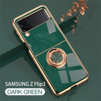 Allytech for Samsung Galaxy Z Flip 3 Phone Case, Ring Holder Electroplated Plating Silicone Edge 360 Rotation Kickstand Slim Soft Flexible TPU Protective Case Cover for Samsung Flip 3 5G, Darkgreen