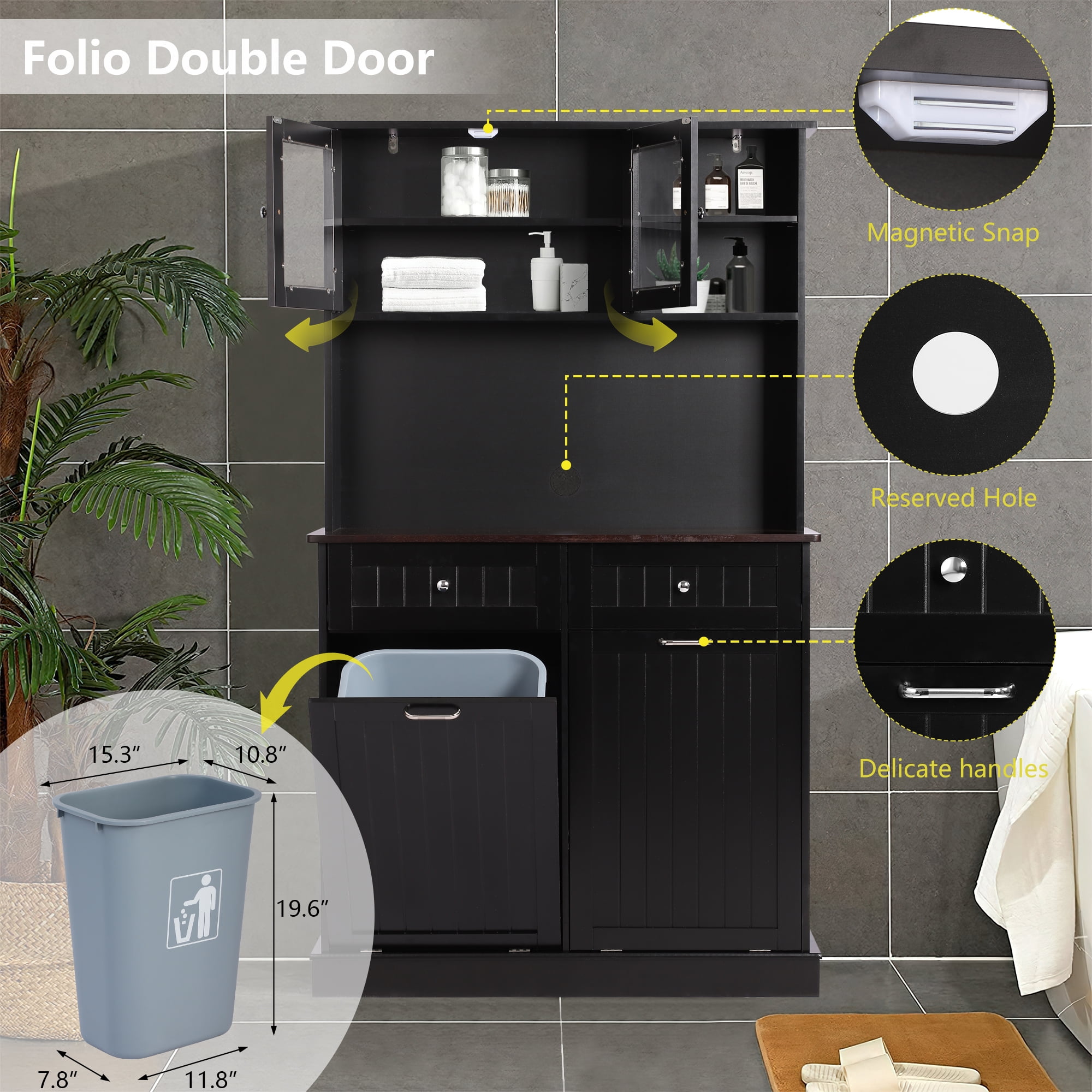 KIGOTY Kitchen Trash Cabinet, Double Tilt Out Trash Can Cabinet with Countertop and Drawer, Free-Standing Pet Proof Recycling Cabinet Garbage Can Holder (67"H,Black)
