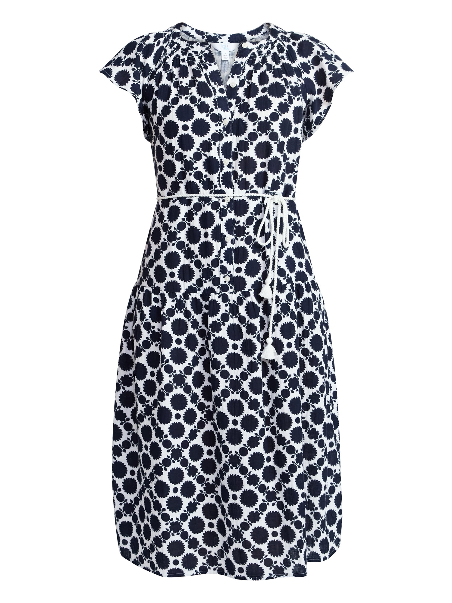 Time and Tru Women's Cotton Double Cloth Midi Dress with Short Flutter Sleeves, Sizes XS-XXXL