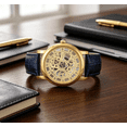 thumbnail image 3 of Fashion Skeleton Dial Quartz Watch - Stylish Roman Numeral Analog Wristwatch with Leather, Unisex Casual Dress Watch for Men & Women,F, 3 of 6