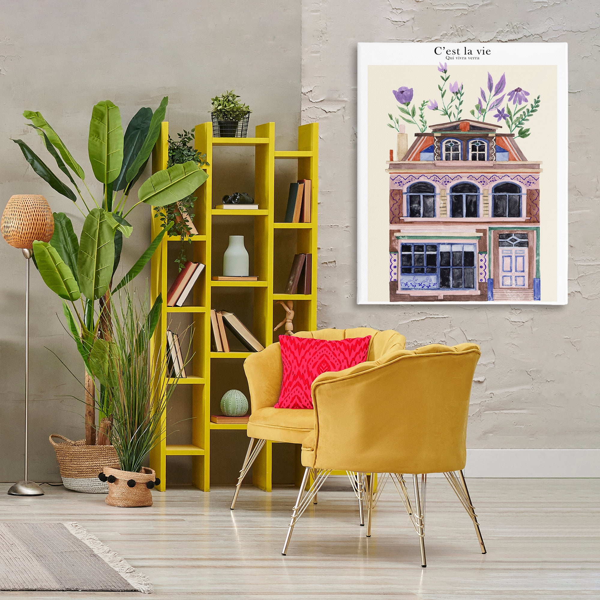 Stupell Industries Town Architecture with Blooms Buildings & Architecture Painting Wrapped Canvas Art Print Wall Art, 36 x 48