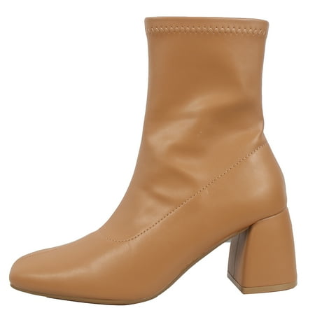 

Delicious Women s Square Toe Flare Block Heel Soft Stretch Ankle Boot Camel 11 M US