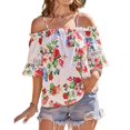 thumbnail image 2 of Blusa con hombros descubiertos para mujer, manga corta, estampado floral, ribete con volantes, correa para el hombro, Top de verano blanco XXL, 2 of 8