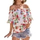 thumbnail image 2 of Blusa con hombros descubiertos para mujer, manga corta, estampado floral, ribete con volantes, correa para el hombro, Top de verano blanco XXL, 2 of 8