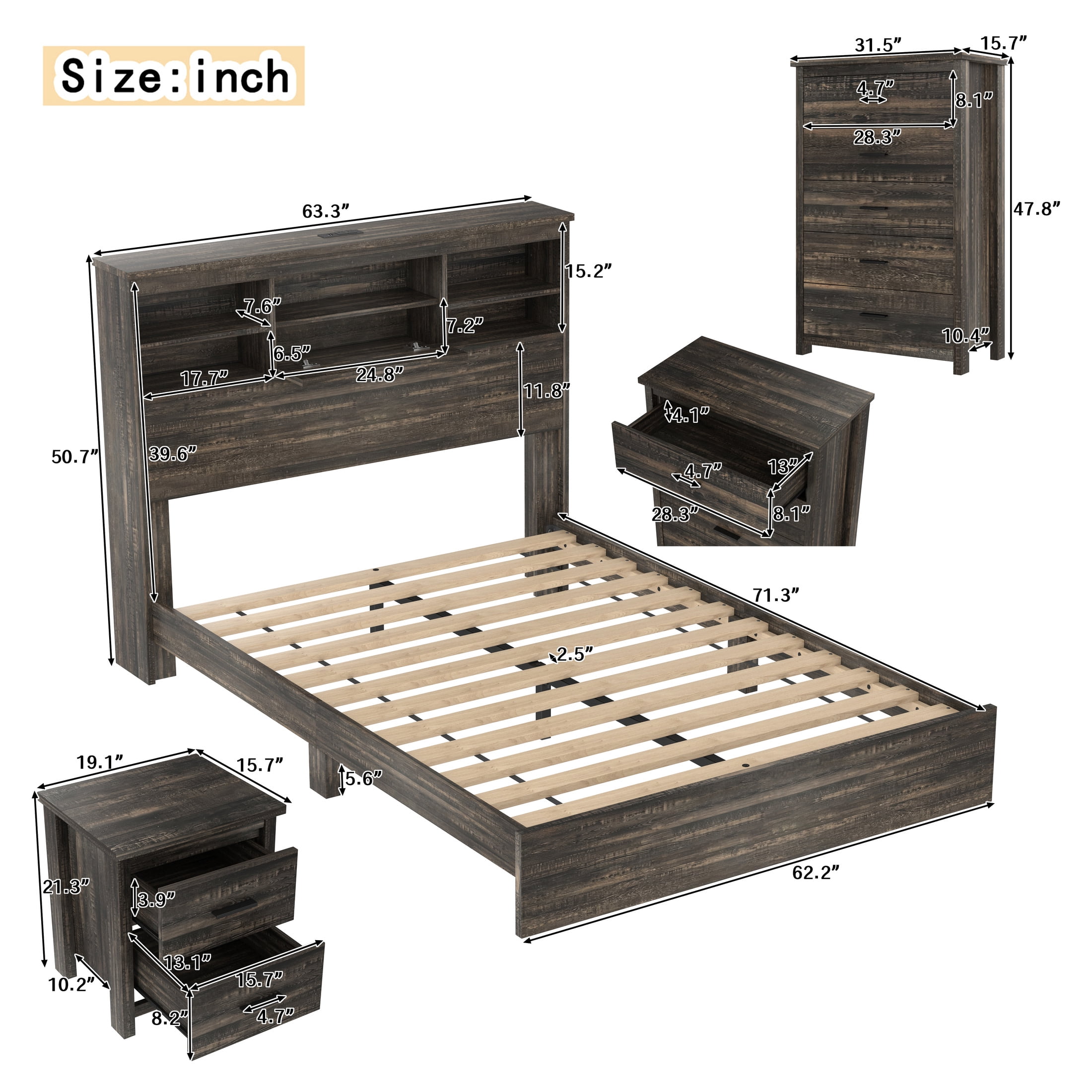 Noble House 4PCS Bedroom Set, Queen Bed with Storage Headboard & Charging Station, 2 Nightstands, 5-Drawer Dresser, Antique Gray