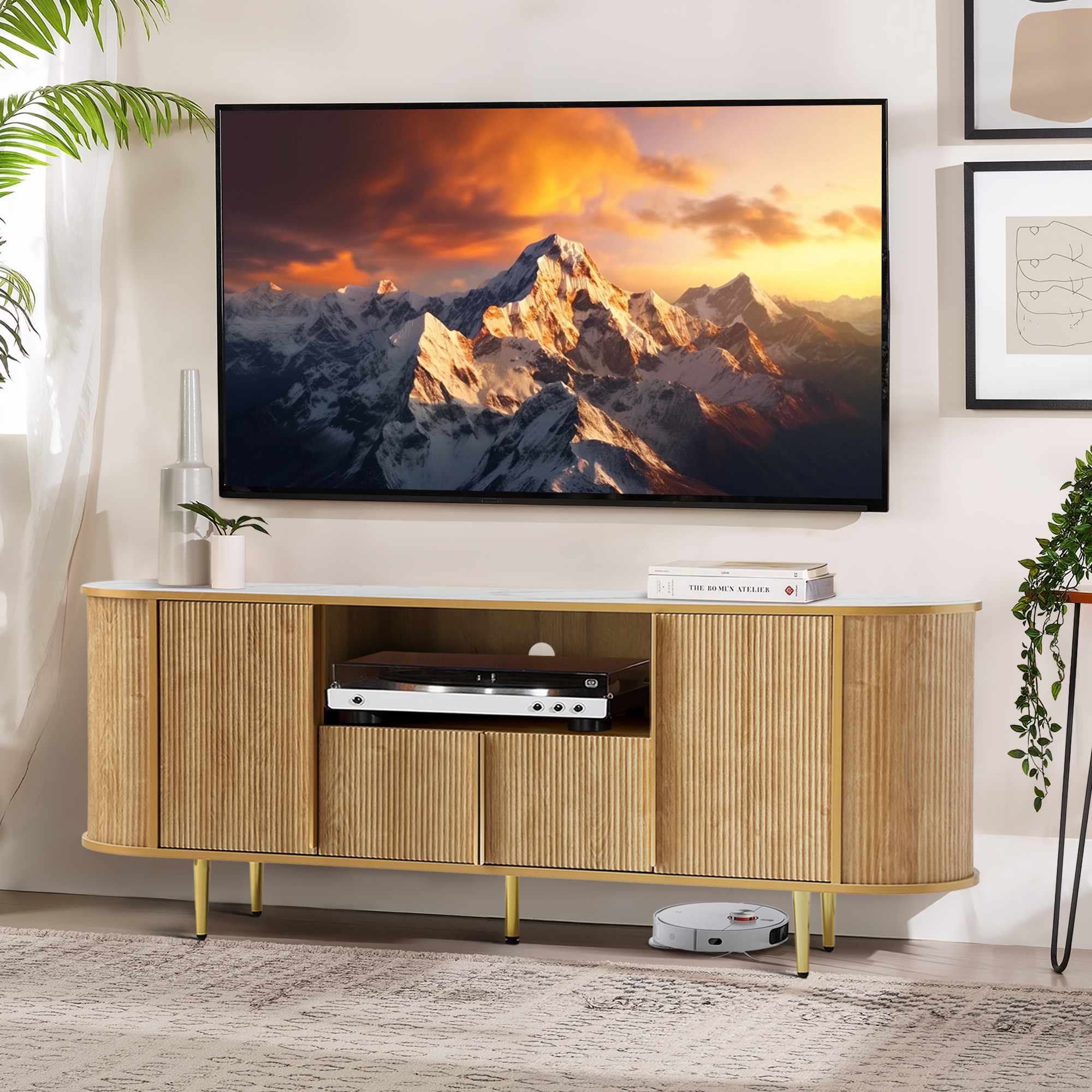 Magic Union 63" TV Stands, Fluted Modern Mid Century Entertainment Center Console for 55/60/65/70/75 inches TVs, Curved TV Stand with Open Storage & Side Cabinets, Living Room, Bedroom furniture