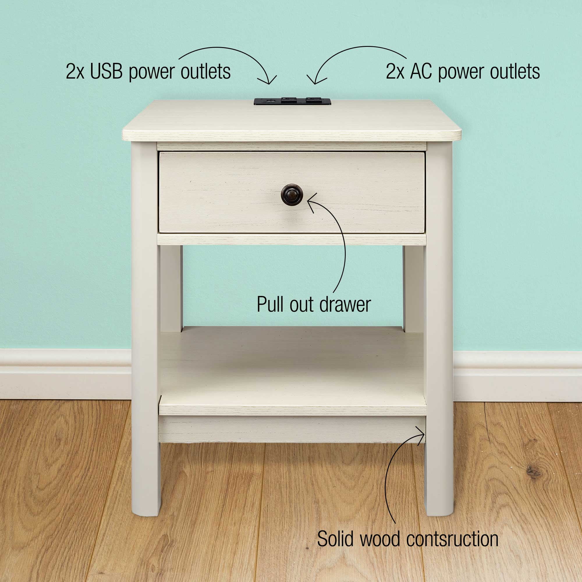 DecorTech Traditional Rectangular End Table with AC Power and USB Charging Ports, White