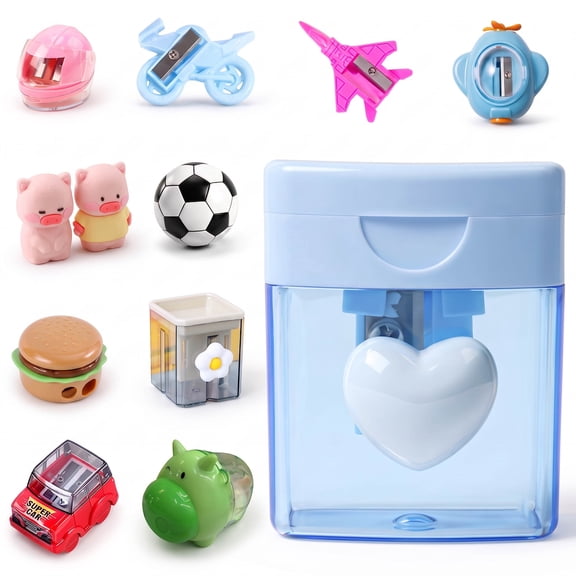 Manual Pencil Sharpener, Portable Heart-Shaped Single Hole with Lid, Back to School Supplies,Blue