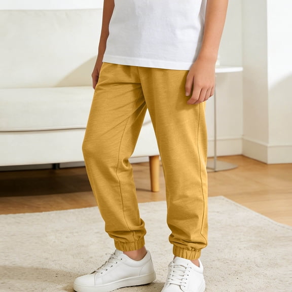 ITSAME Boys Tapered Pants, Loose Fit Elastic Waist Cotton Summer Casual Fashion Jogger Pants Yellow Size 9-10