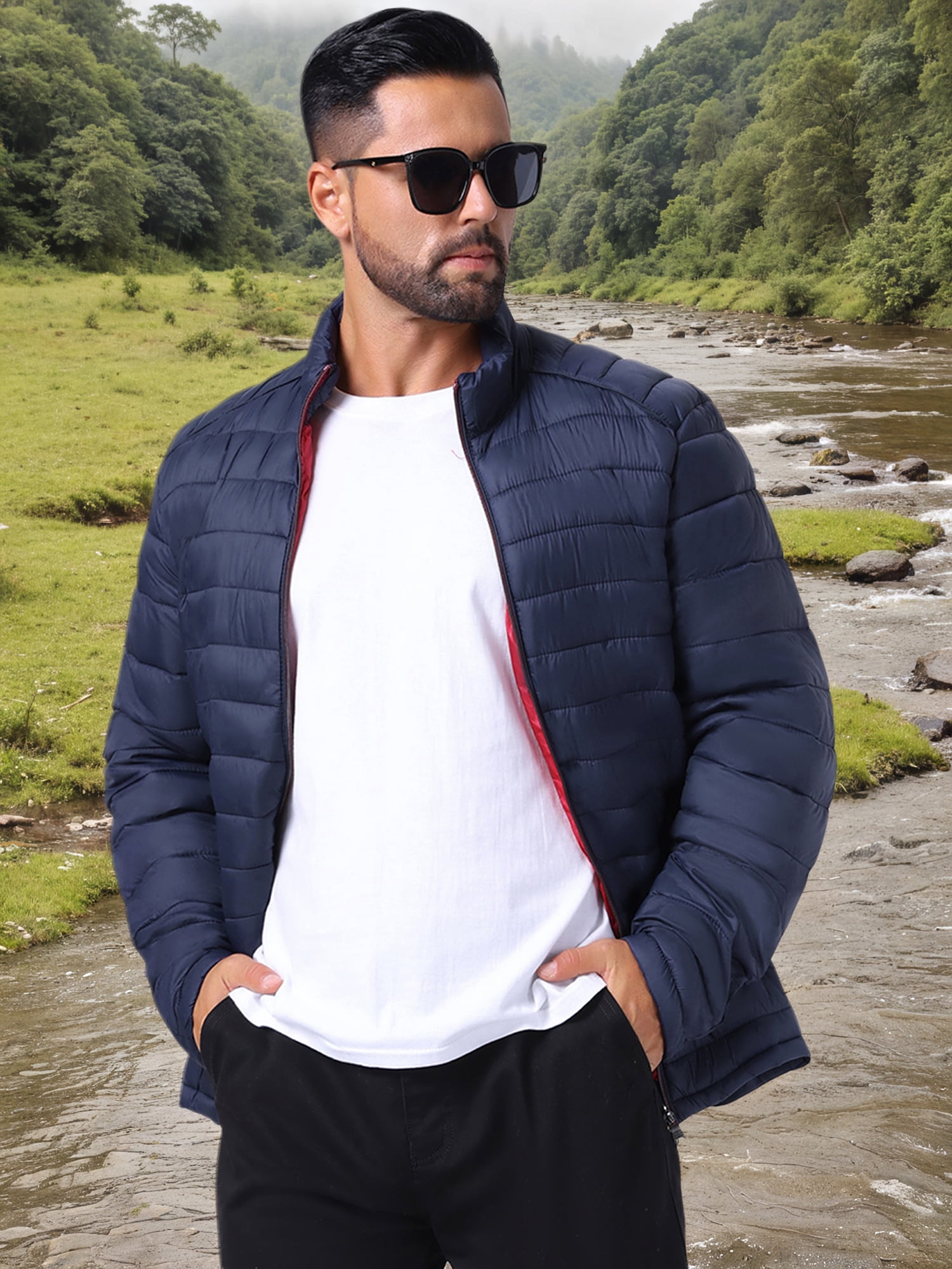 DARING DIVA Men's Winter Solid Stand Collar Zipper Quilted Puffer Jacket M Dark Blue