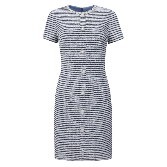 DARING DIVA Women's Pearl Beaded Short Sleeve Tweed Dresses S Blue White