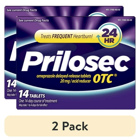 (2 pack) Prilosec OTC Omeprazole 20mg Acid Reducer, Frequent Heartburn Medicine, Unflavored, 14 Count