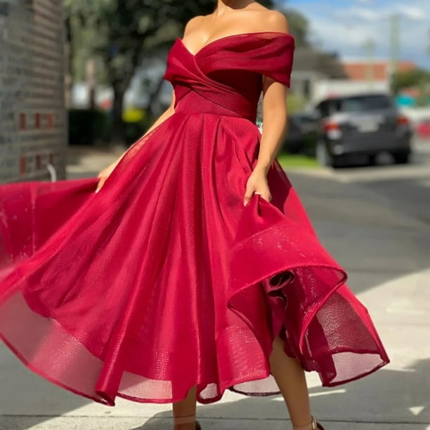 Womens Dresses Clearance Plus Size Women's Trendy Loose Party One Shoulder  V-Neck Solid Color Formal Long Dress Red L JE 
