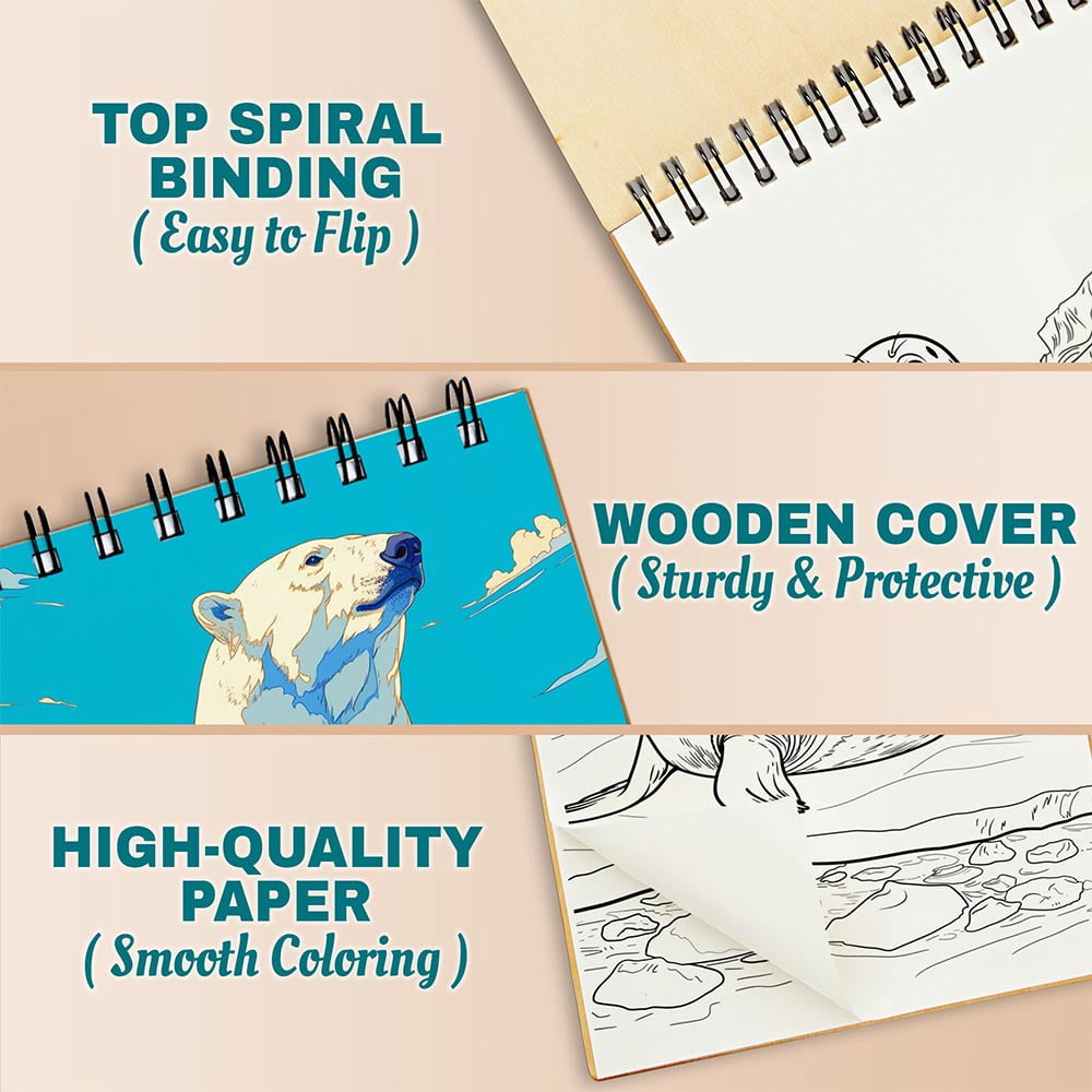 Netecom Antarctic Animals Coloring Book for Adults, A5 Wooden Cover, 30 Beautiful Nature Coloring Pages of Antarctic Wildlife for Stress Relief and Relaxation, Spiral Bound Edition