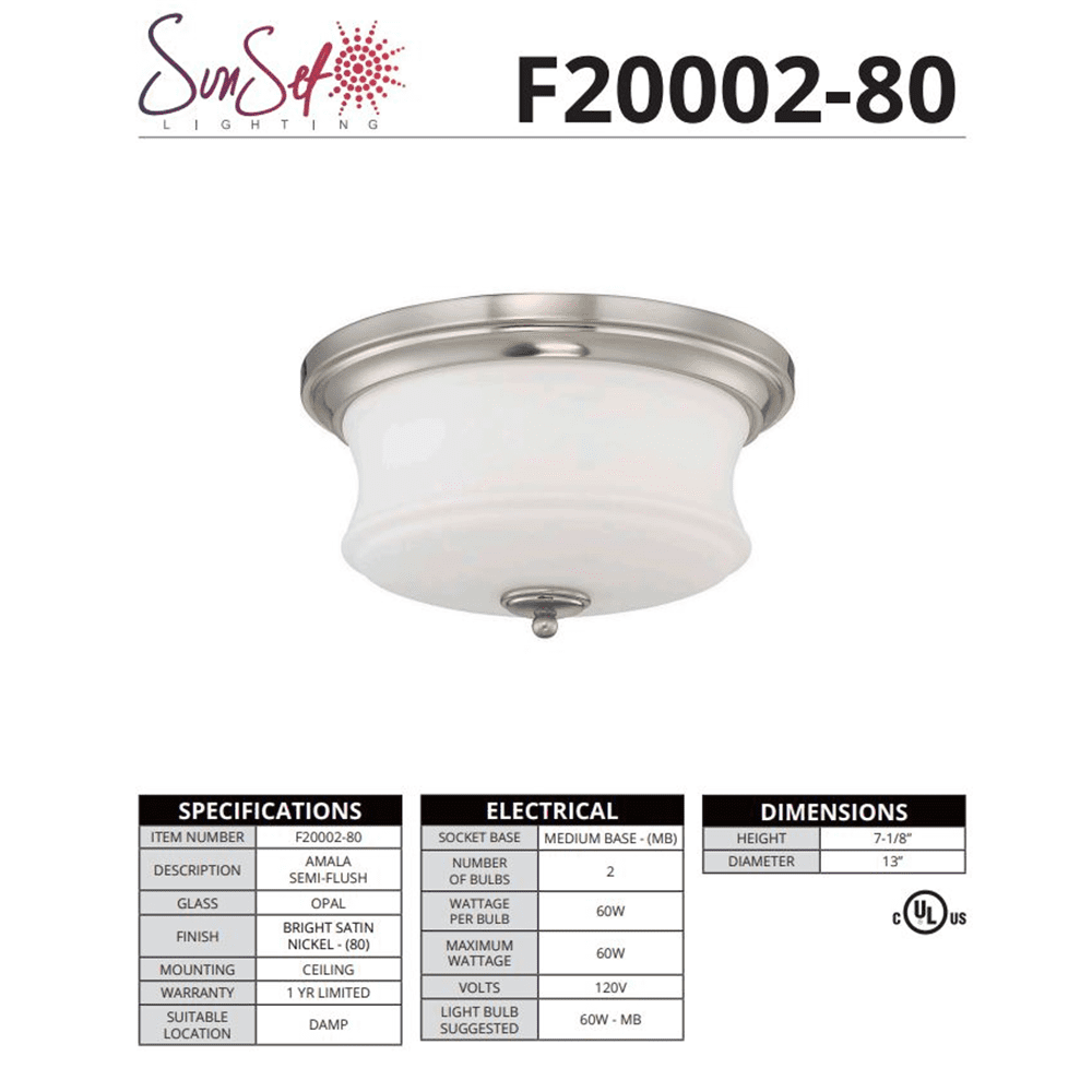 Sunset Amala 2 Light Silver Flushmount Ceiling Light F20002-80