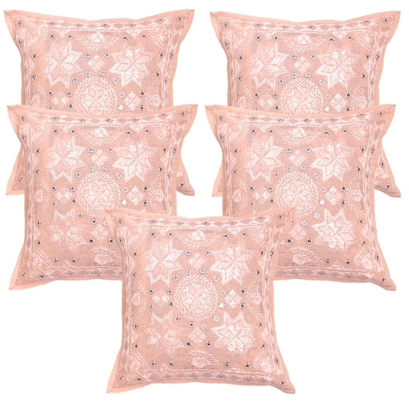 Stylo Culture Ethnic Sofa Throw Pillow Covers 16x16 Embroidered Peach Bohemian 40cm x 40cm Lounge Decor Cotton Mirrored Square Cushion Covers | Set Of 5