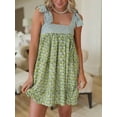 thumbnail image 3 of Green Floral Mini Tie Shoulder Sleeveless Square Neck Knot Cami Flowy Boho Vacation Beach Sundress, 3 of 6