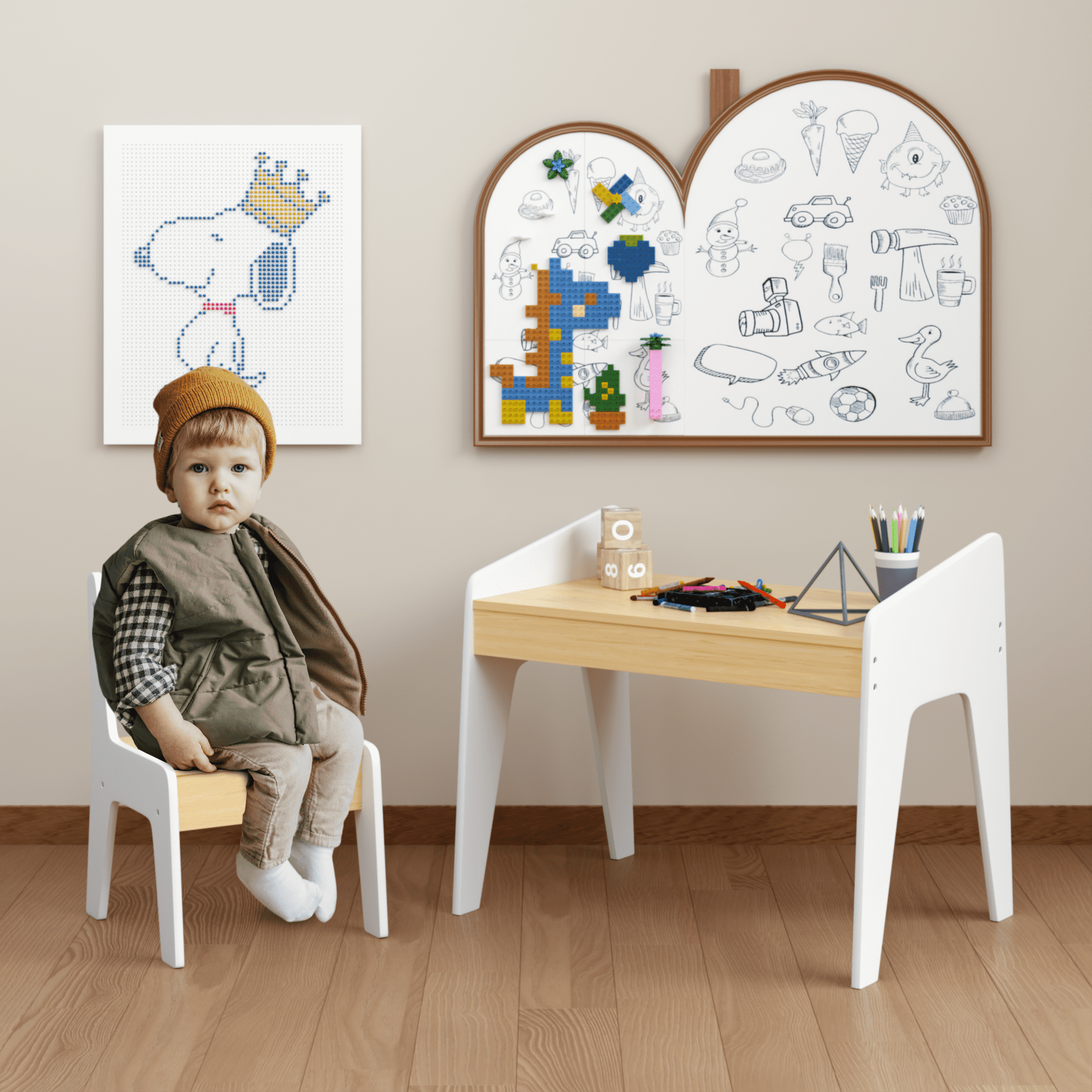 Kids Table Set with One Chair Wooden Children Study Table 2-8  Age Kids Funiture  White+Natural