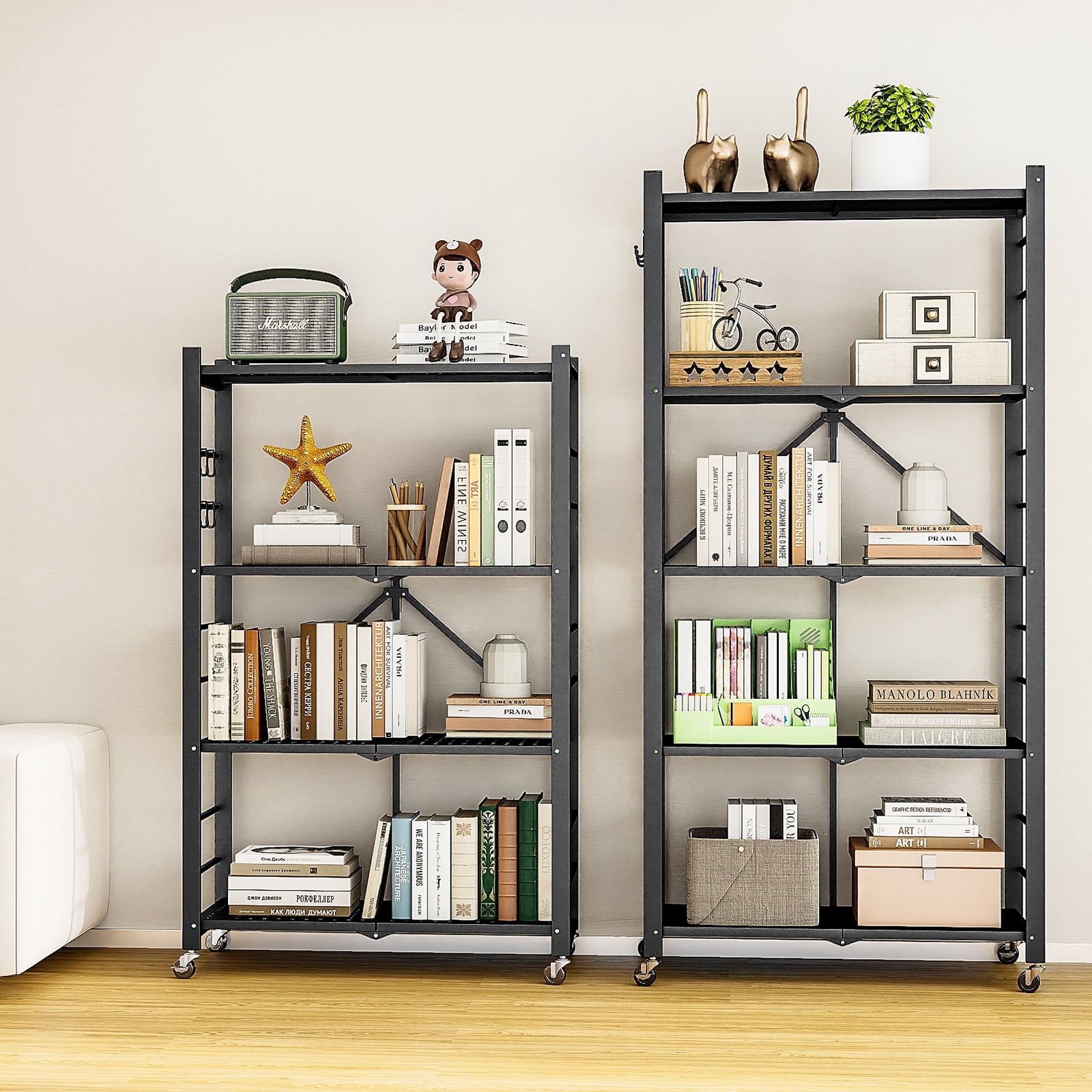 Fenbeli Storage Shelves,5-Tier Foldable Metal Wire Storage Shelf with Wheels, Heavy Duty Organizer Rack for Garage, Kitchen, Closet, Black