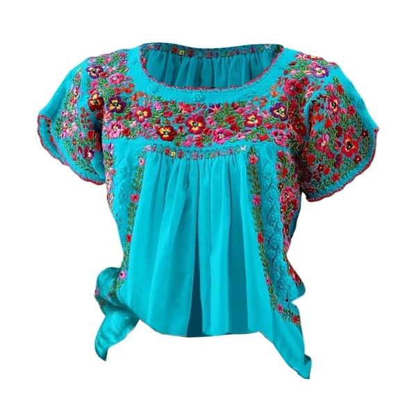 Wang6 Women's Plus Sized Short Sleeve Tshirts Causal Floral Embroidered Pleaded Tops Summer Loose Fit Crew Neck Tees Shirts Sky Blue XL