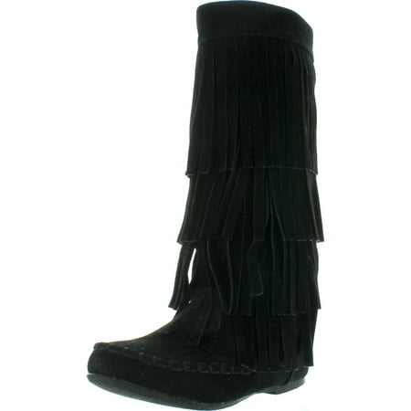 

I LOVE KIDS AVA-18K Children s 3-Layers Fringe Moccasin Style Mid-calf Boots Black 13