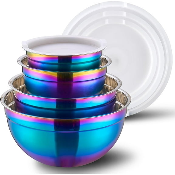 4 Piece Rainbow Mixing Bowls with Lids for Kitchen, Stainless Steel Mixing Bowls Set Ideal for Baking, Prepping, Cooking and Serving Food, Nesting Metal Mixing Bowls for Space Saving Storage