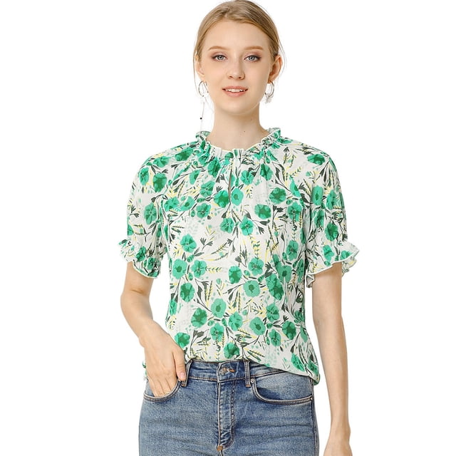 INSPIRE CHIC Blusa Estampada Floral Mangas Cortas Cuello Redondo Con Volantes Top Casual Para Mujeres Verde S