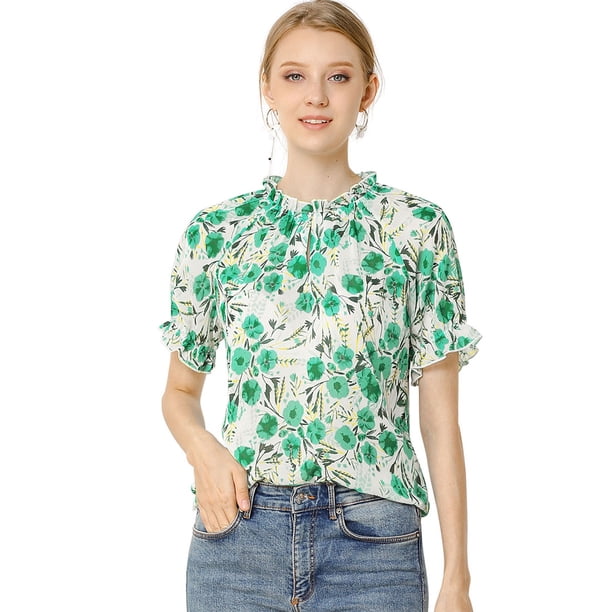 INSPIRE CHIC Blusa Estampada Floral Mangas Cortas Cuello Redondo Con Volantes Top Casual Para Mujeres Verde S