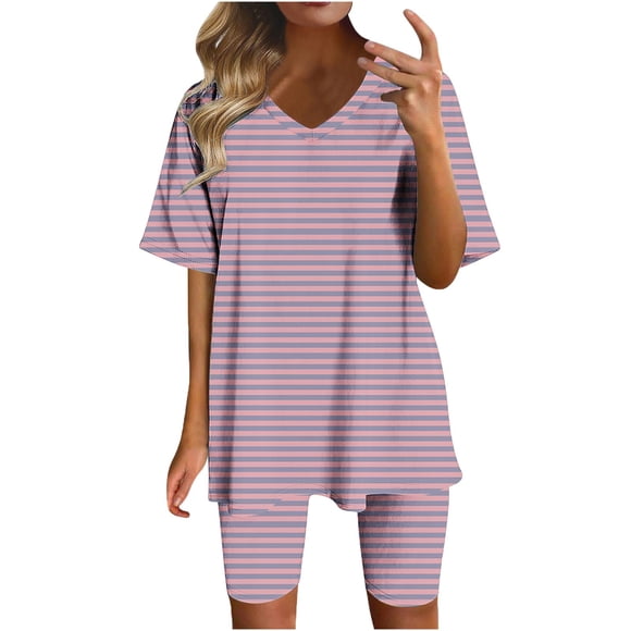 Blusas para las Mujeres Casual Impreso Cuello en V Manga Corta Blusa Pantalones Cortos, Conjuntos de Ropa para las Mujeres