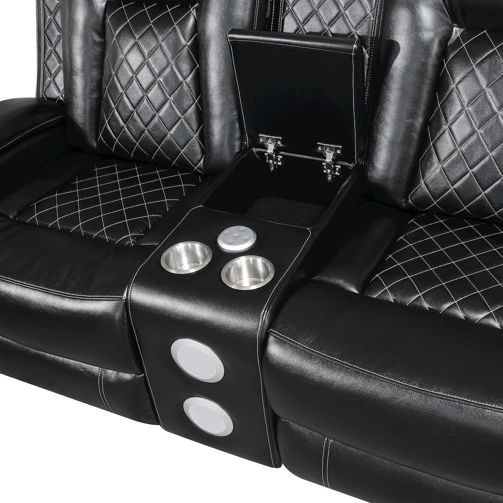 New Classic Furniture Orion II Faux Leather Power Console Loveseat in Black