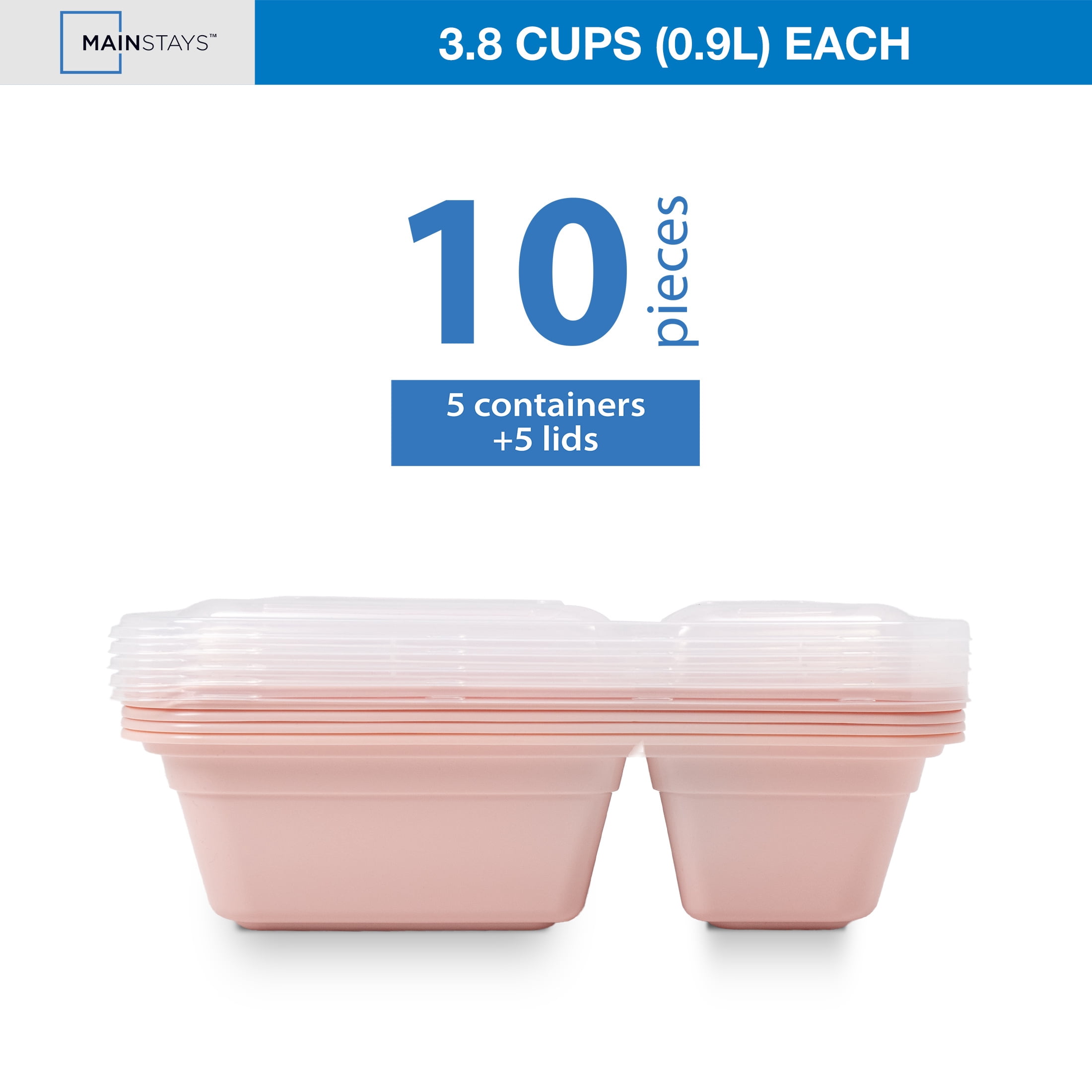 Mainstays 5-Pack 2-Compartment BPA-Free Plastic Meal Prep Food Storage Containers, 0.9L, Pink Blush