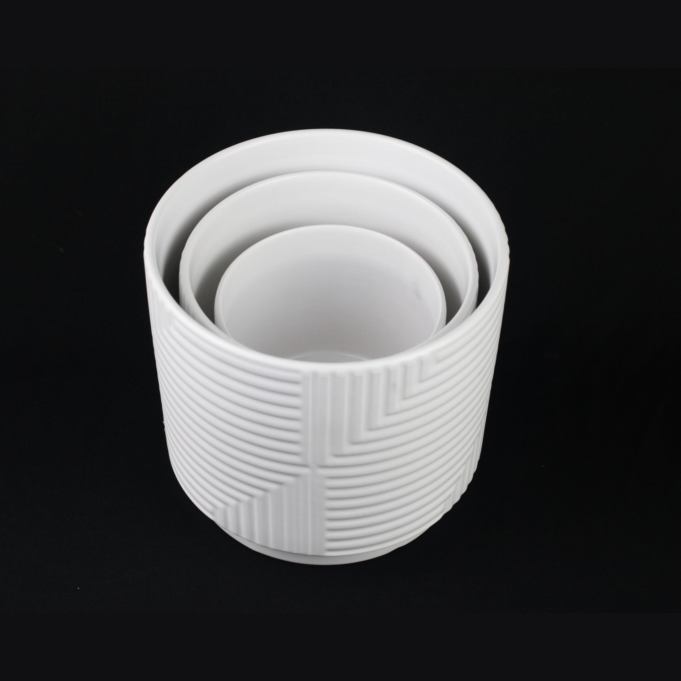 Set of 3 White Textured Stoneware Planters, Modern Round Flower Pots with Geometric Design
