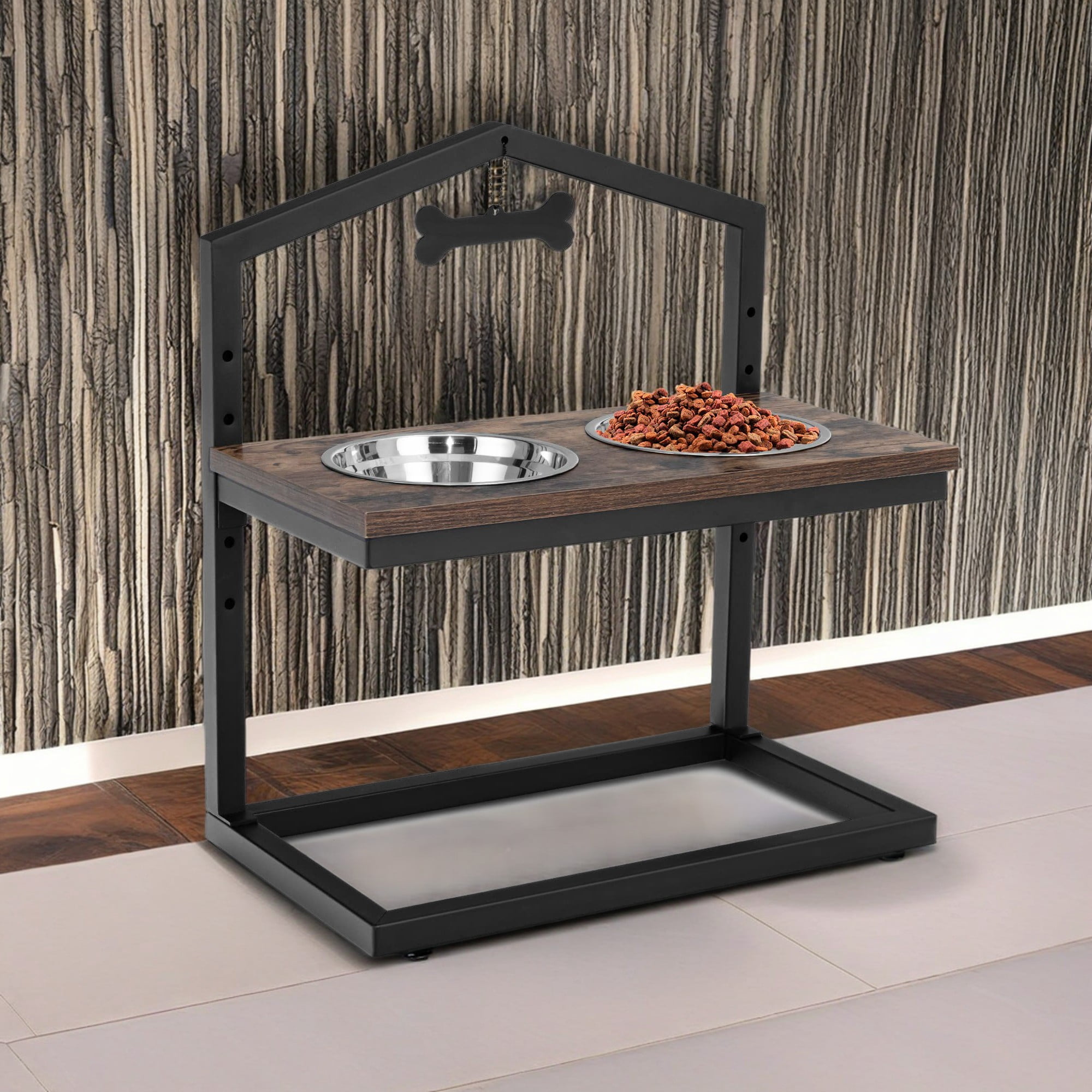 Pefilos 9"-17" Elevated Pet Feeder with 2 Stainless Steel Dog Bowls for Feeding Small Medium Dogs Cats Puppies, Brown