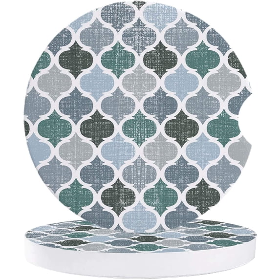 FMSHPON Green and Grey Vintage Moroccan Geometric Style Set of 6 Car Coaster for Drinks, Absorbent Ceramic Stone Coasters Cup Mat with Cork Base for Home Kitchen Room Coffee Table Bar Decor