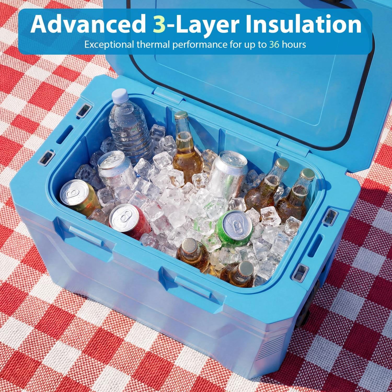 Resenkos Insulated Hard Shell Ice Chest Cooler with Cup Holders Bottle Opener and Drain Plug, Heavy Duty Outdoor Cooler for Camping and Fishing, Blue