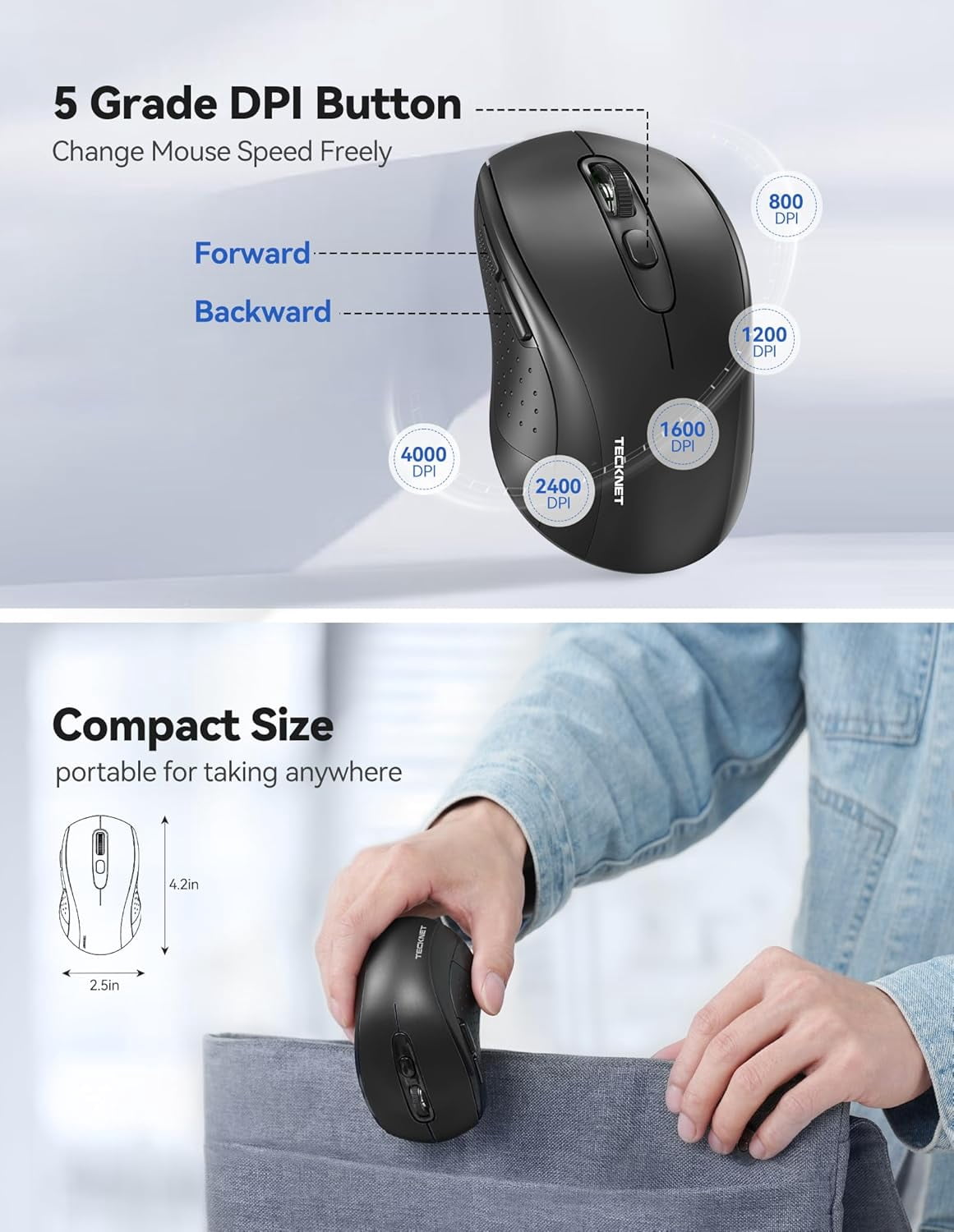 Wireless Mouse for Laptop, 2.4G Ergonomic Optical Mouse Silent Bluetooth Mouse(BT5.0) 4000DPI Adjust, Computer Portable PC Quiet Mice with USB-A Receiver & 6 Buttons for Mac, 18 Months Battery