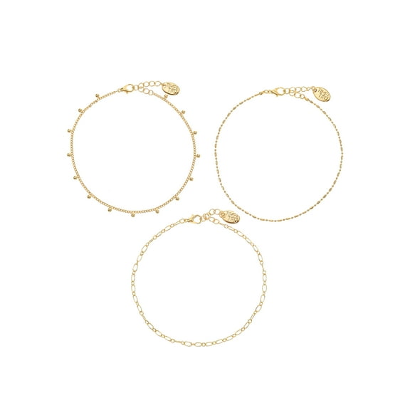 Time and Tru Women's Anklet Set Cubic Zirconia Goldtone 9.5 inch with 1 extender, 3 Pieces