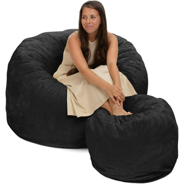 Ultimate Sack 4000 4-Foot Bean Bag Chair with Footstool Set, Charcoal Fur Cover