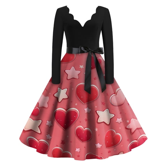 Fgvctg Valentine's Day a Line Dresses for Women Date-Night Vintage Cocktail 50's Dress Love Heart Print V Neck Dresses Plus Size Sweet Long Sleeve Clothing Soft Outfits Watermelon Red 3XL
