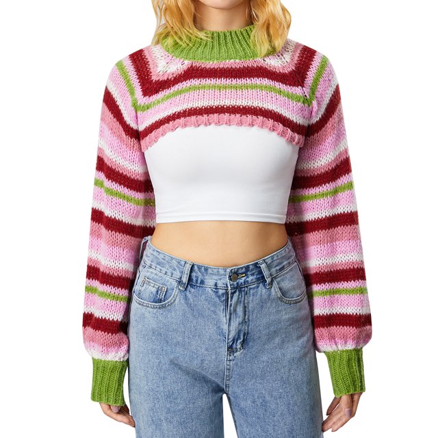 Suéter de punto para mujer, de primavera y otoño, informal, a rayas, suelto, de manga larga, con cuello alto, tops cortos, ropa de calle