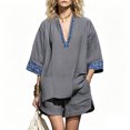 thumbnail image 2 of Delconic Women Bohemian Print V Neck Short Sleeve Top and Split Hem Shorts Two Piece Summer Set for Casual and Daily Wear Gray 2XL, 2 of 7