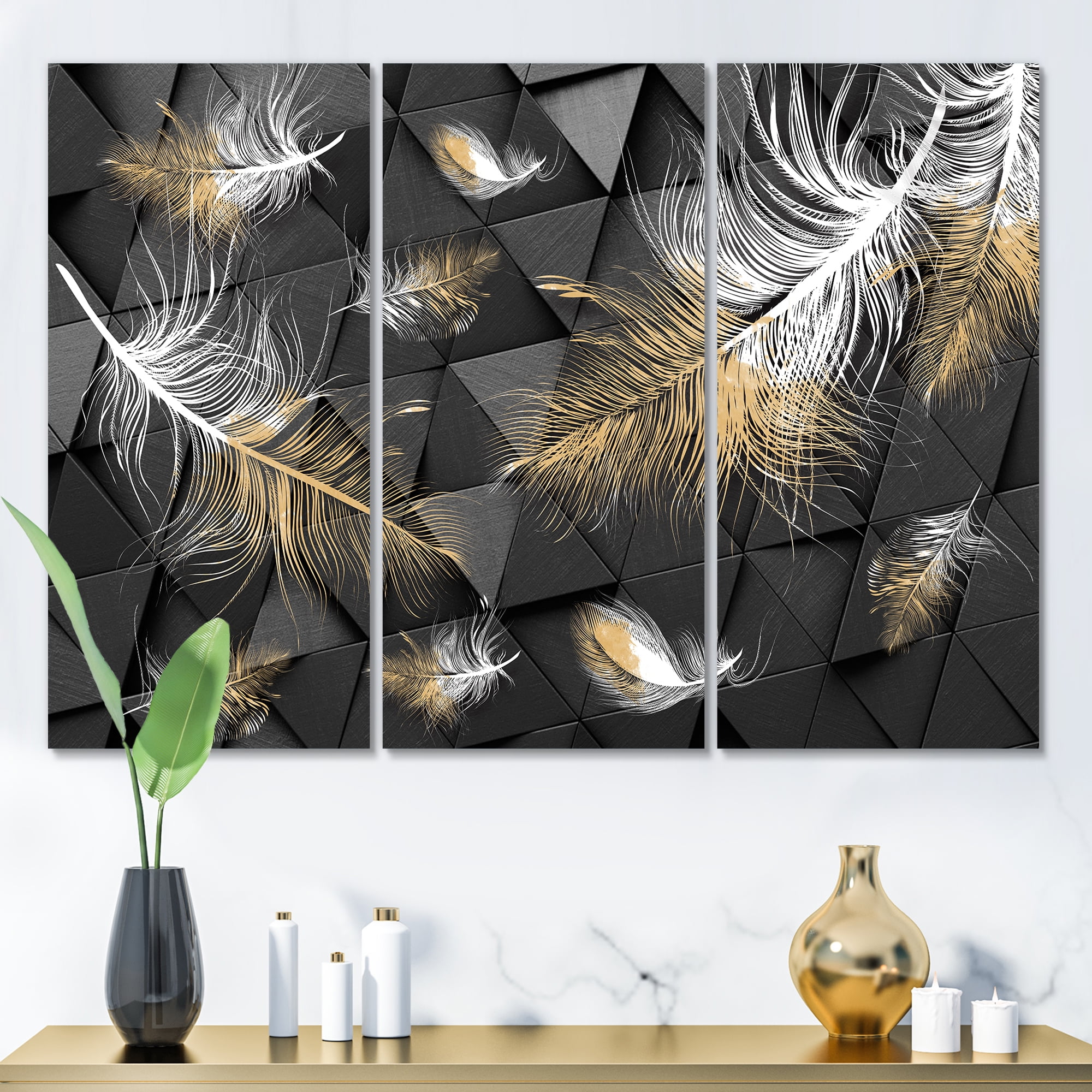 Gold and White Feathers On Triangular 28 in x 36 in Painting Canvas Art Print, by Designart