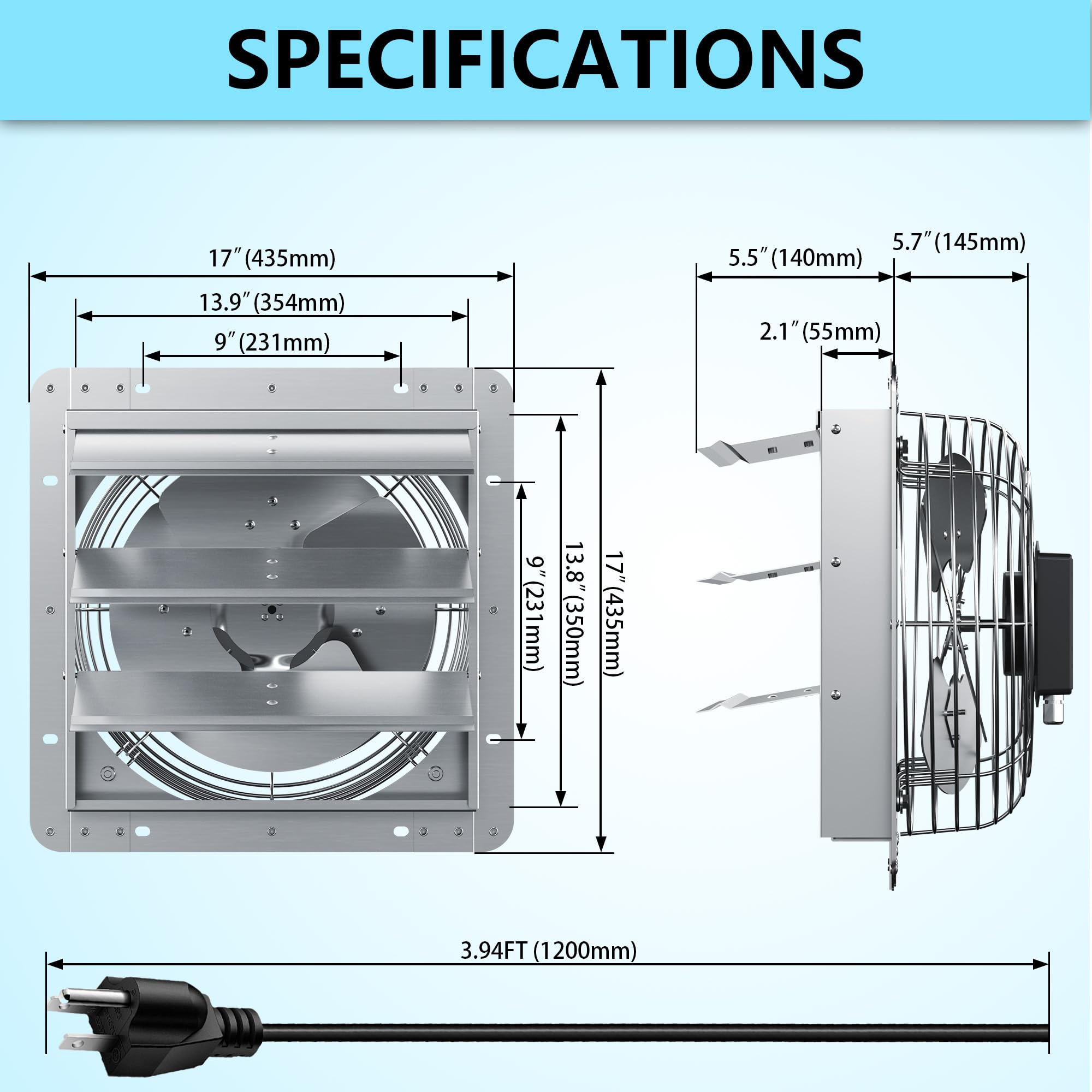 HAN'KITCHEN'LON'S 14" Aluminum Wall Mounted Shutter Exhaust Fan, 1558 CFM High-Speed Vent for Attic, Greenhouse, Shed, Shop, Garage